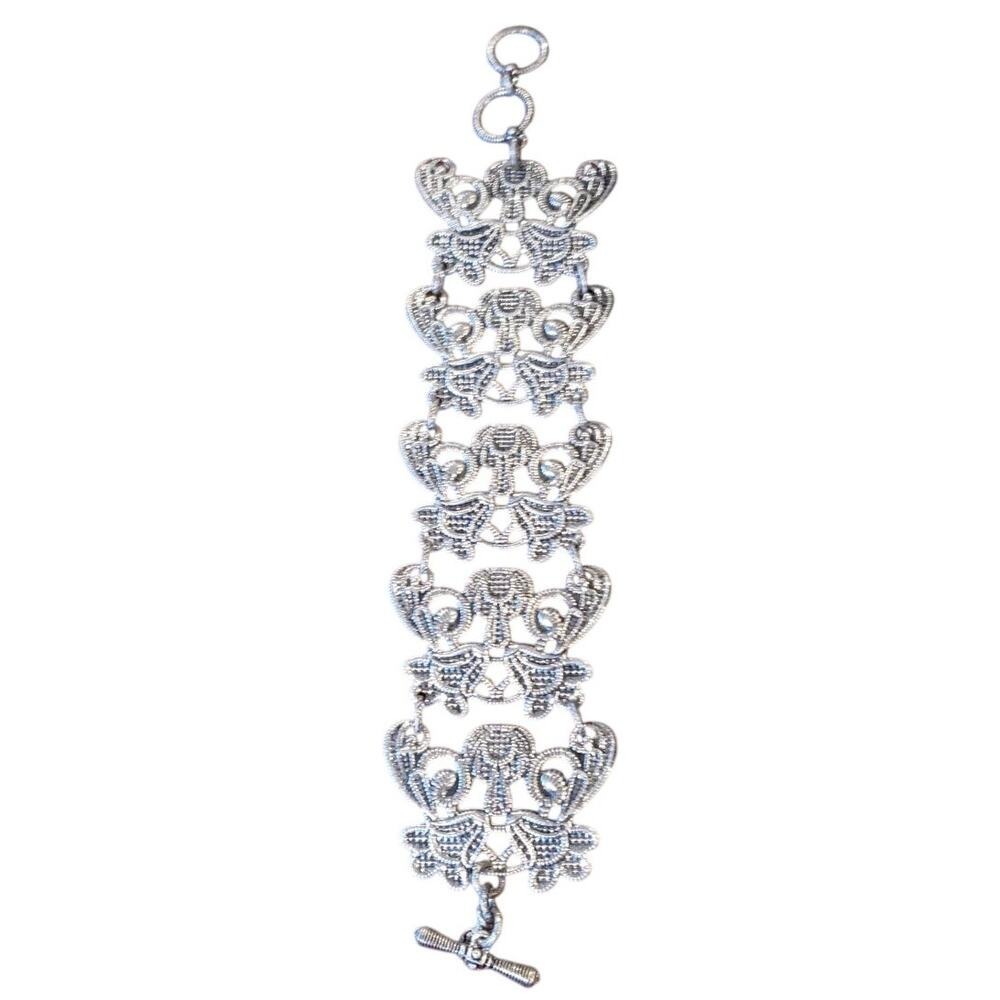 Silver Tone Filigree Butterfly Link Toggle Bracelet Ornate Vintage Style 8.5"
